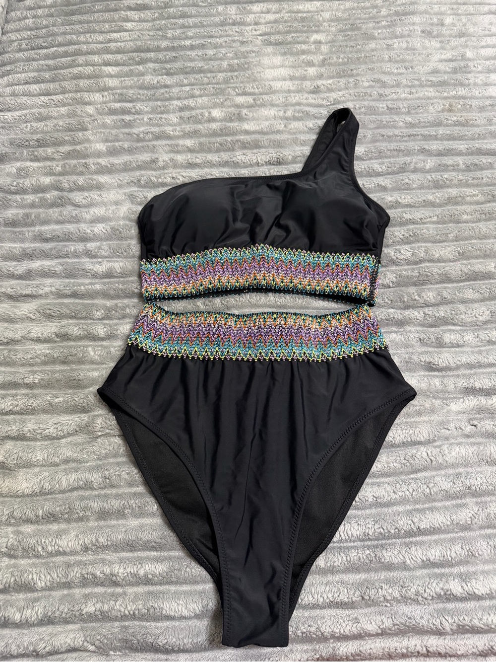 Black One-Shoulder two-piece Swimsuit with Rainbow Smocked Trim